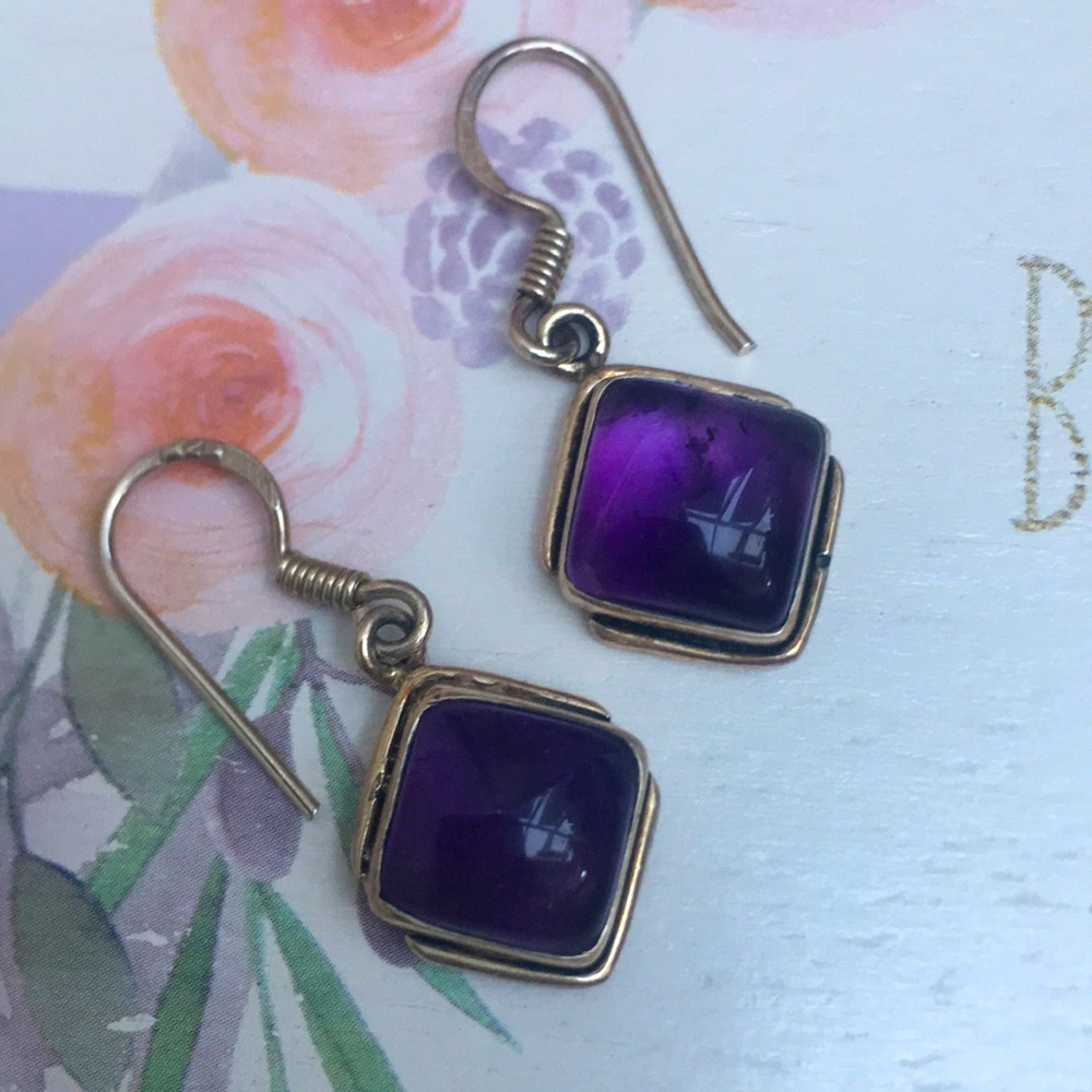 Vintage Artisan Amethyst Cabochon Gemstone Drop Sterling Silver Earrings